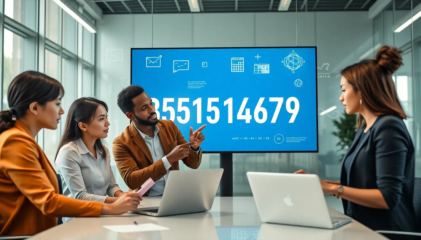 diverse professionals discussing the number 3511516479 in a modern office.
